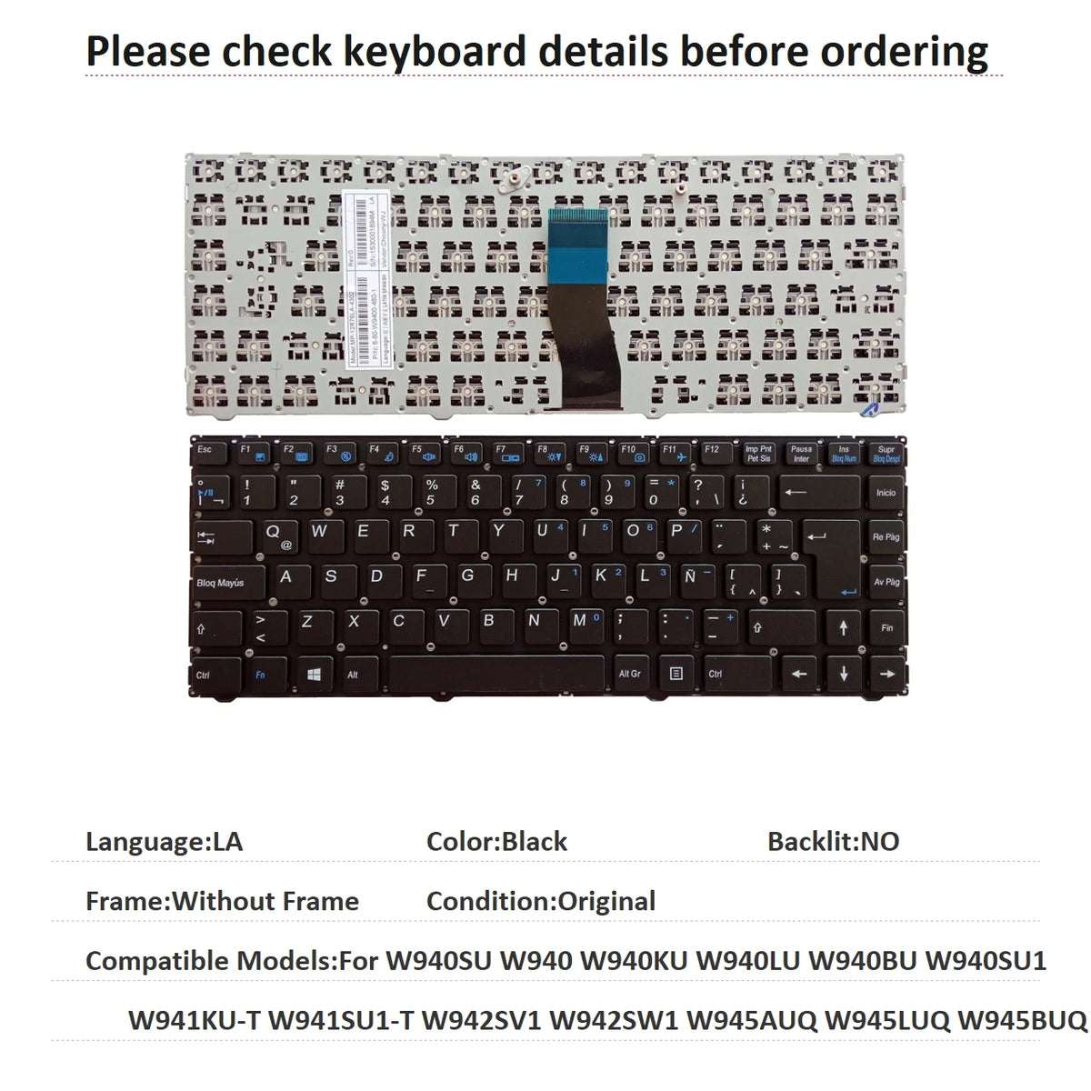 US Latin Keyboard For CLEVO W940SU W940 W940KU W940LU W940BU W940SU1 W941KU-T W941SU1-T W942SV1 W942SW1 W945AUQ W945LUQ W945BUQ