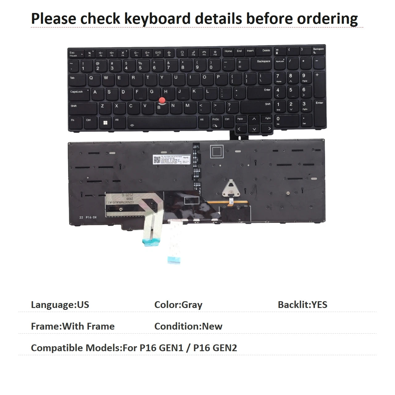 New US Language  Backlit Keyboard For Lenovo Thinkpad P16 GEN1 / P16 GEN2 Notebook PC Replacement Keyboard Lenovo laptop repair parts