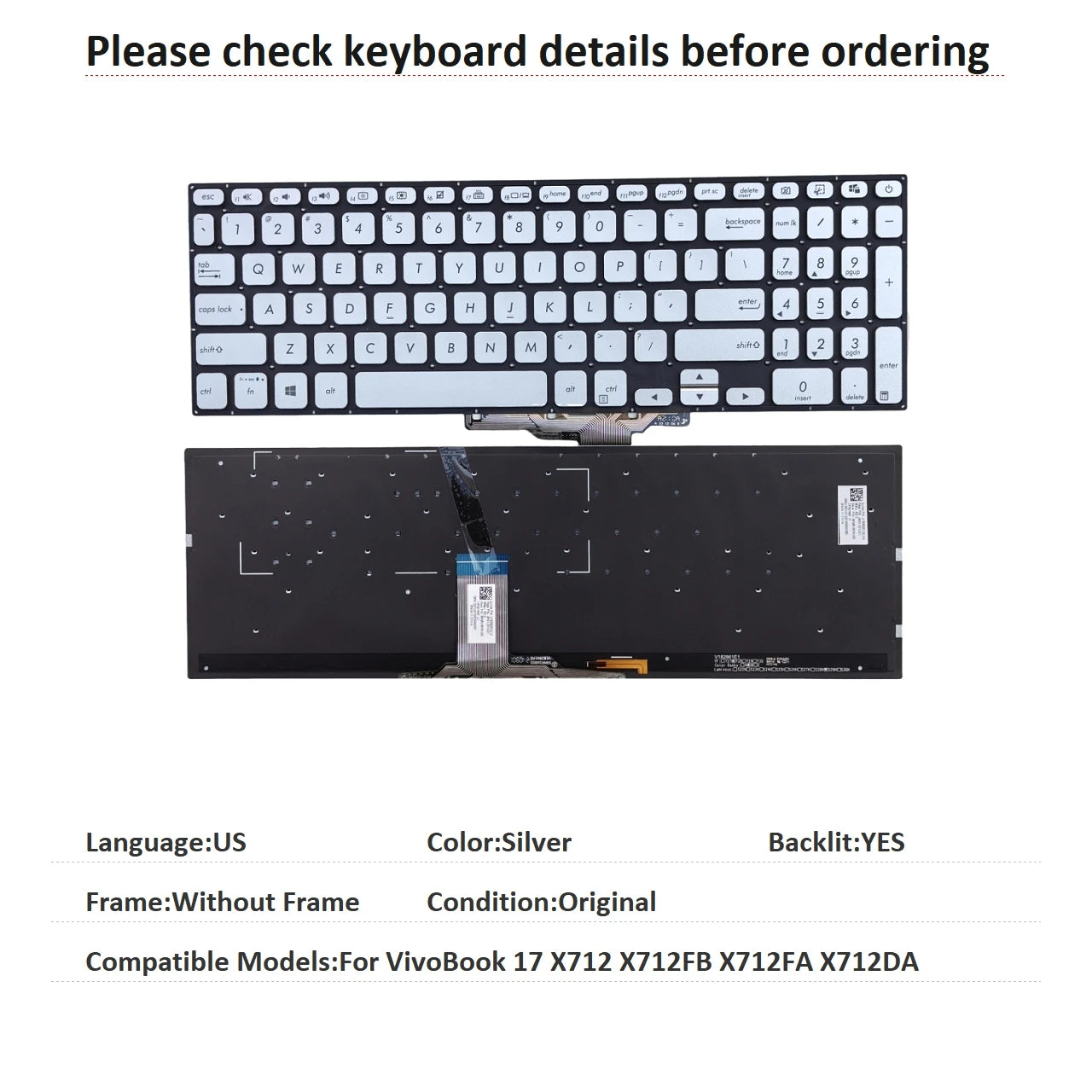 New US Russian UK Language  Backlit Keyboard For ASUS VivoBook 17 X712 X712FB X712FA X712DA Notebook PC Replacement Keyboard ASUS laptop repair parts