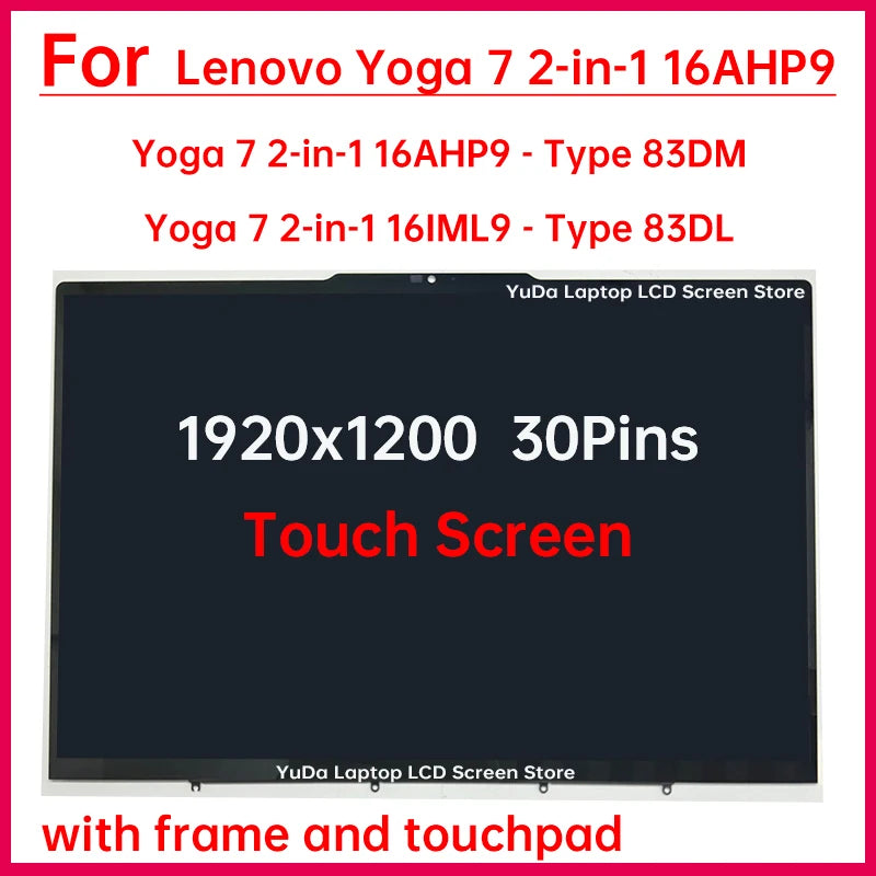 16 Inch Touch Screen For Lenovo Yoga 7 2-in-1 16AHP9 Yoga 7 2-in-1 16IML9 LCD Display Digitizer+With Frame Assembly Replacement Lenovo laptop repair parts