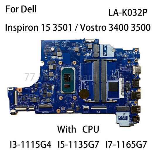 Laptop Motherboard LA-K032P For Dell Vostro 3400 3500 Inspiron 3501 Notebook With CPU I3-1115G4 I5-1135G7 I7-1165G7 100% Tested Dell laptop repair parts