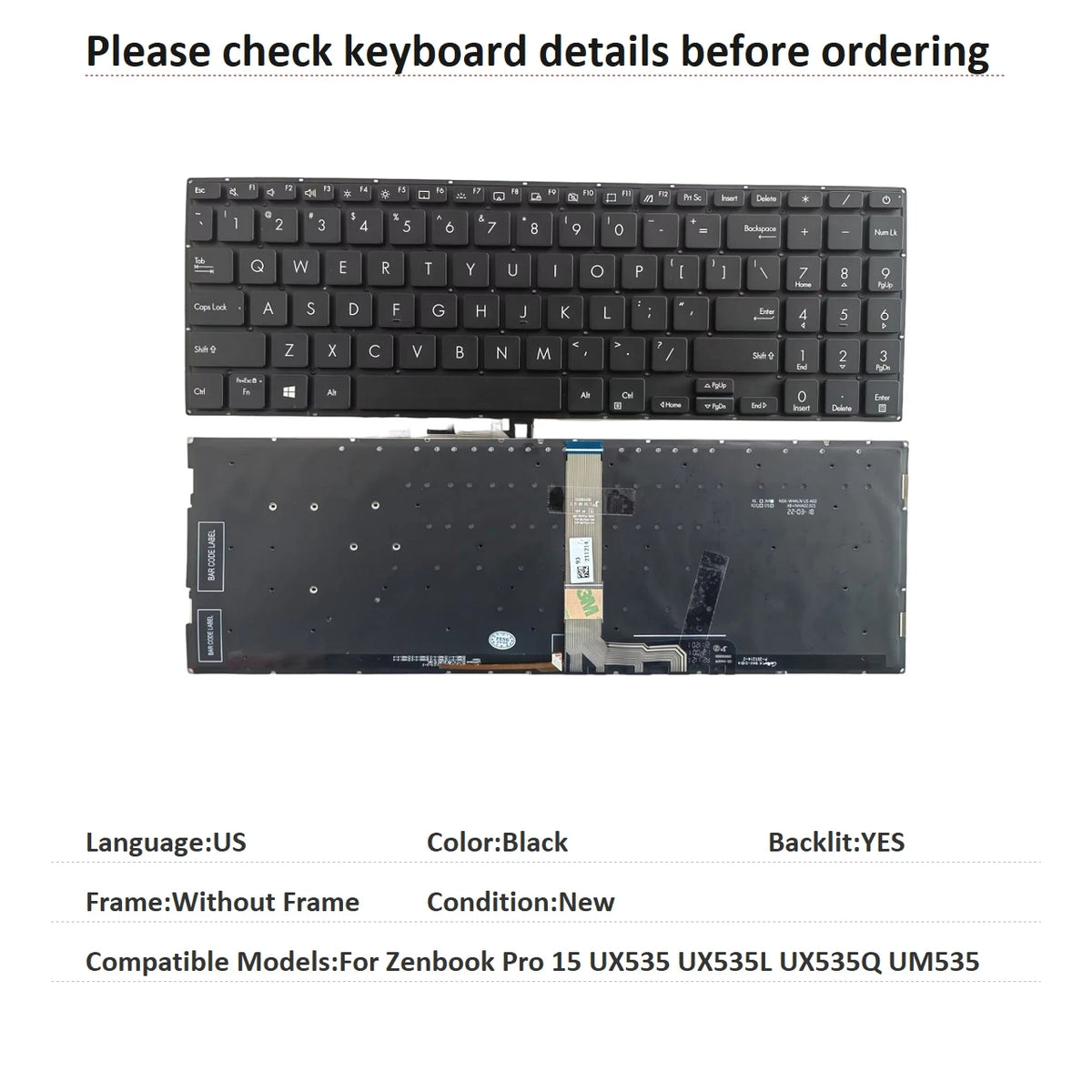 New US Russian Language  Backlit Keyboard For ASUS Zenbook Pro 15 UX535 UX535L UX535Q UM535 Notebook PC Replacement Keyboard ASUS laptop repair parts