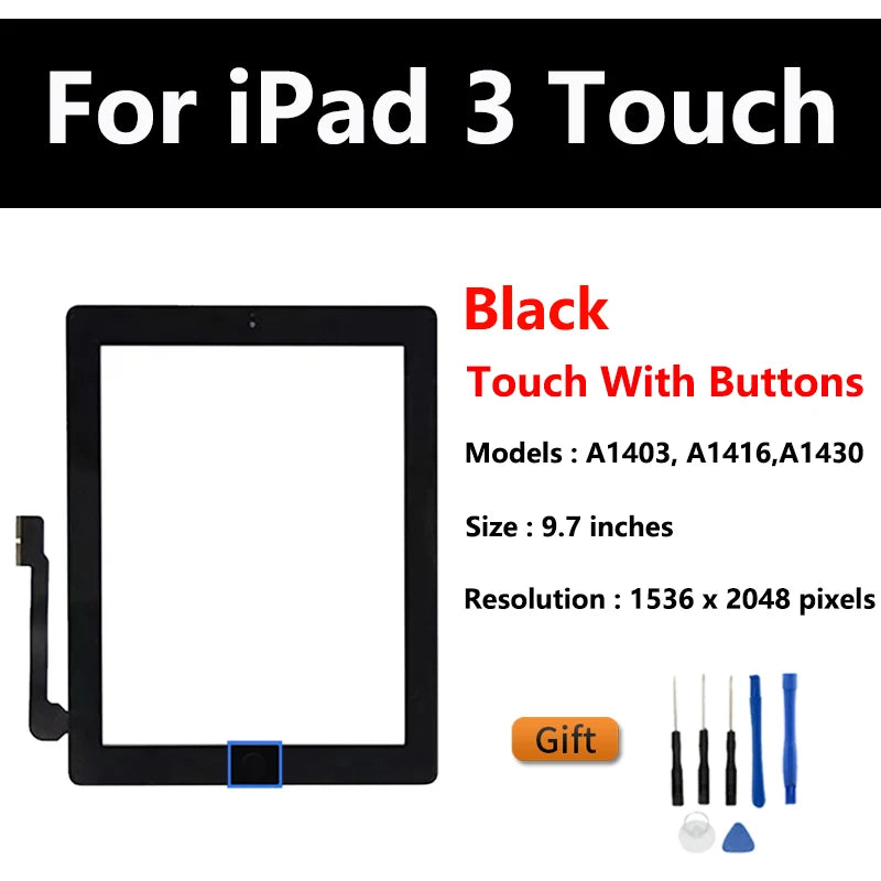 New Touch Screen For Apple iPad 2 IPad3 IPad4 A1416 A1430 A1403 A1458 A1459 LCD Outer Digitizer Sensor Glass Panel Replacement  iPad repair parts