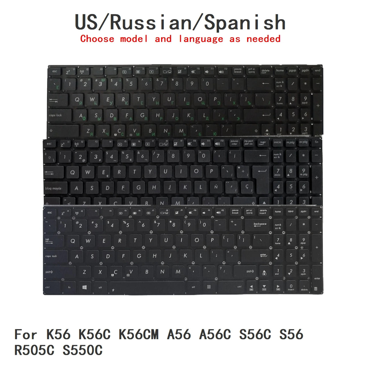 New US Russian Spanish Language  Keyboard For ASUS K56 K56C K56CM A56 A56C S56C S56 R505C S550C Notebook PC Replacement Keyboard ASUS laptop repair parts