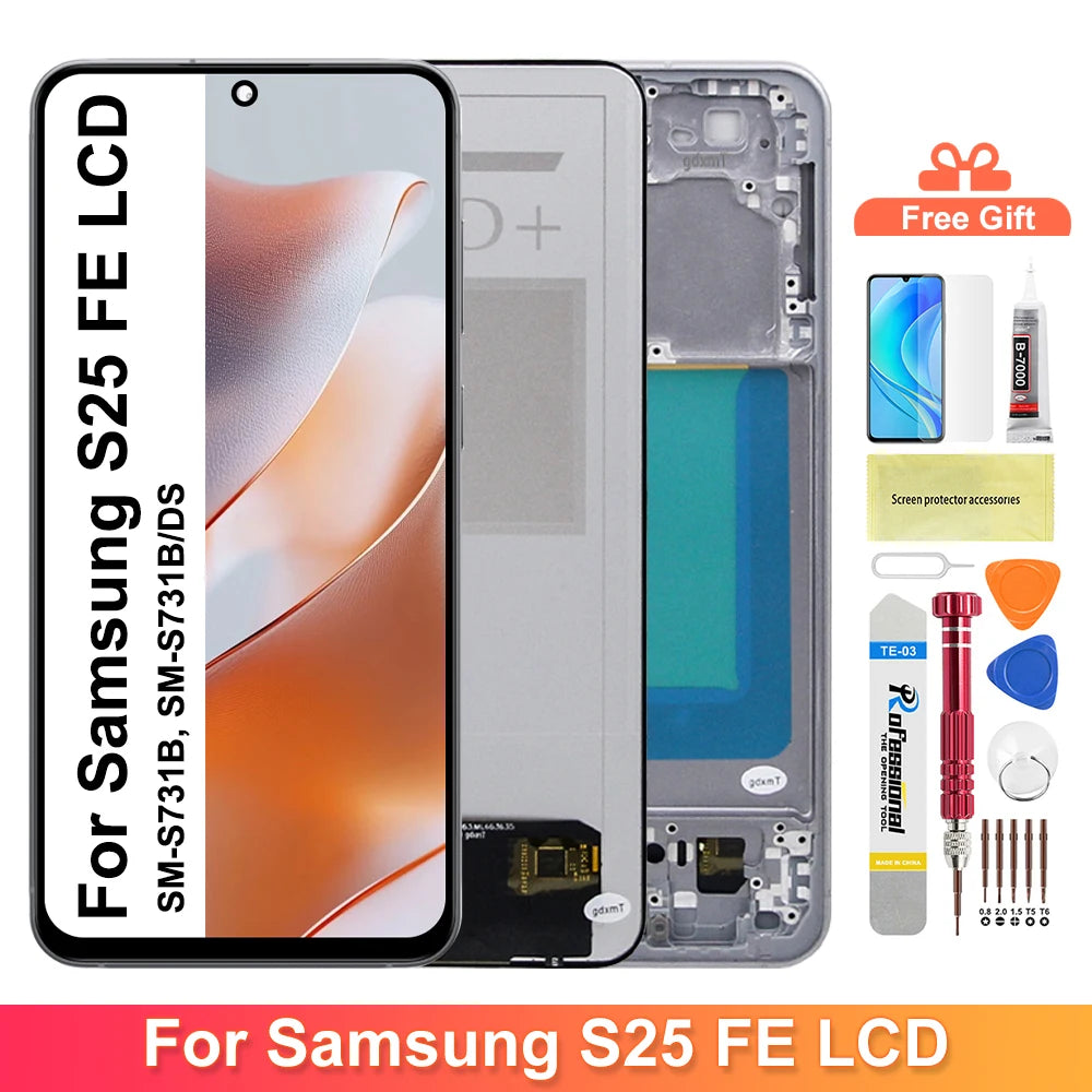 S25 FE Screen For Samsung S25 FE SM-S731B, SM-S731B/DS LCD Display With Touch Screen Digitizer Replacement Part 100% Tested Samsung phone repair parts
