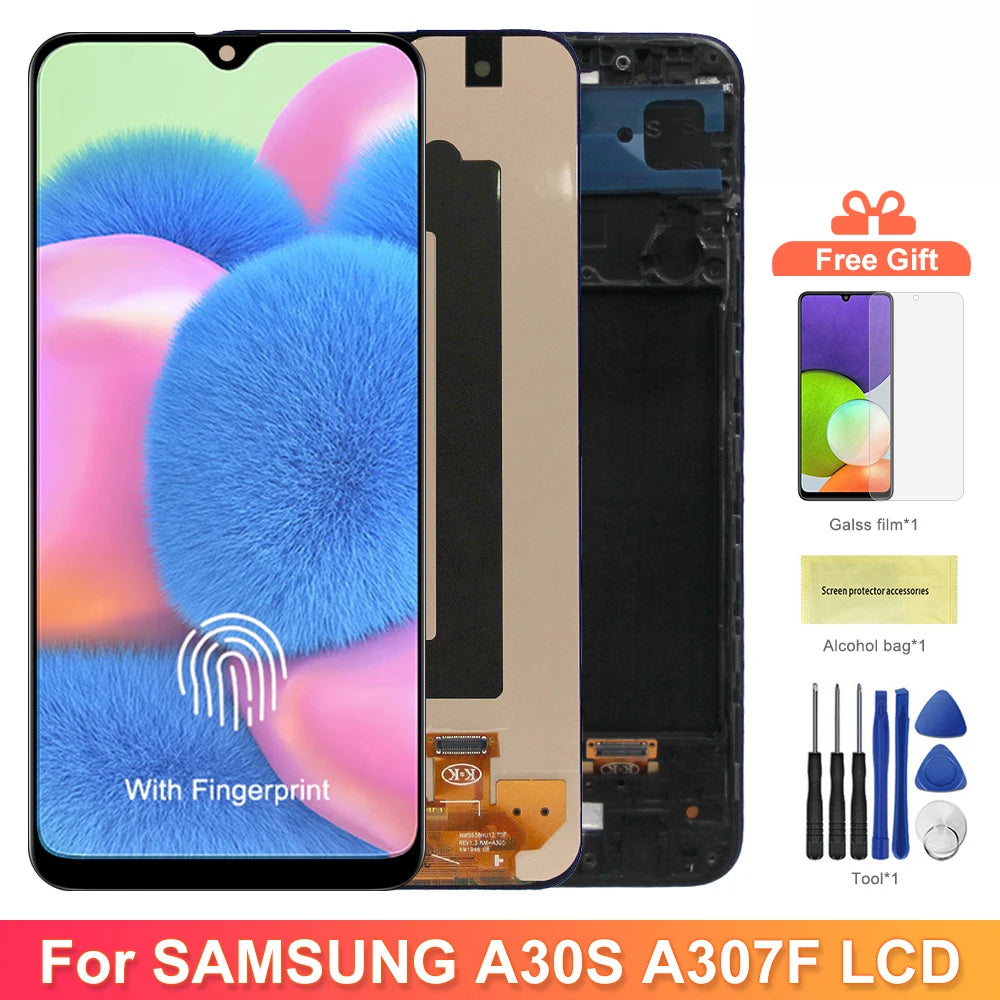 AMOLED A30S Screen, for Samsung Galaxy A30S A307 A307F A307FN A307G A307YN Lcd Dispaly Digital Touch Screen With Frame Samsung phone repair parts