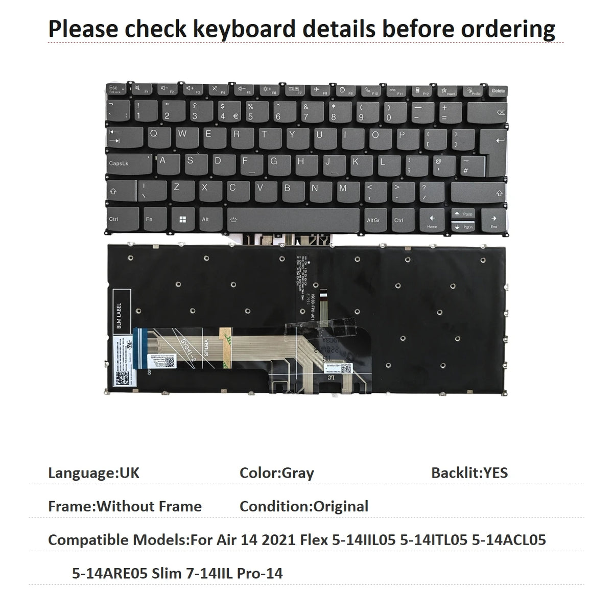 New US Spanish UK Backlit Keyboard For Lenovo Air 14 2021 Flex 5-14IIL05 5-14ITL05 5-14ACL05 5-14ARE05 Slim 7-14IIL Pro-14 Lenovo laptop repair parts