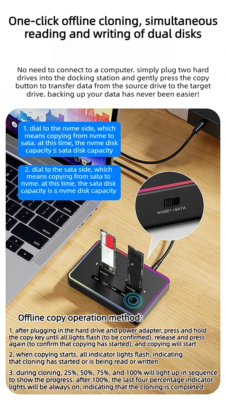 Dual Protocol m.2 ssd case Ssd Docking Station Type C USB 20Gbps offline clone  for PCIe NVME SATA 2 dual bay SSD enclosure Laptop Accessories