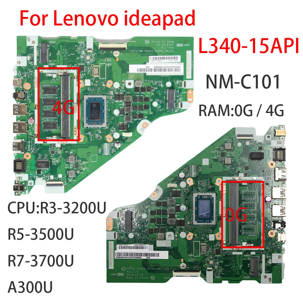 For Lenovo ideapad L340-15API NM-C101 Laptop Motherboard with CPU:R3-3200U/R5-3500U/R7-3700U/A300U 0G/4G 5B20S41811 5B20S41817 Lenovo laptop repair parts