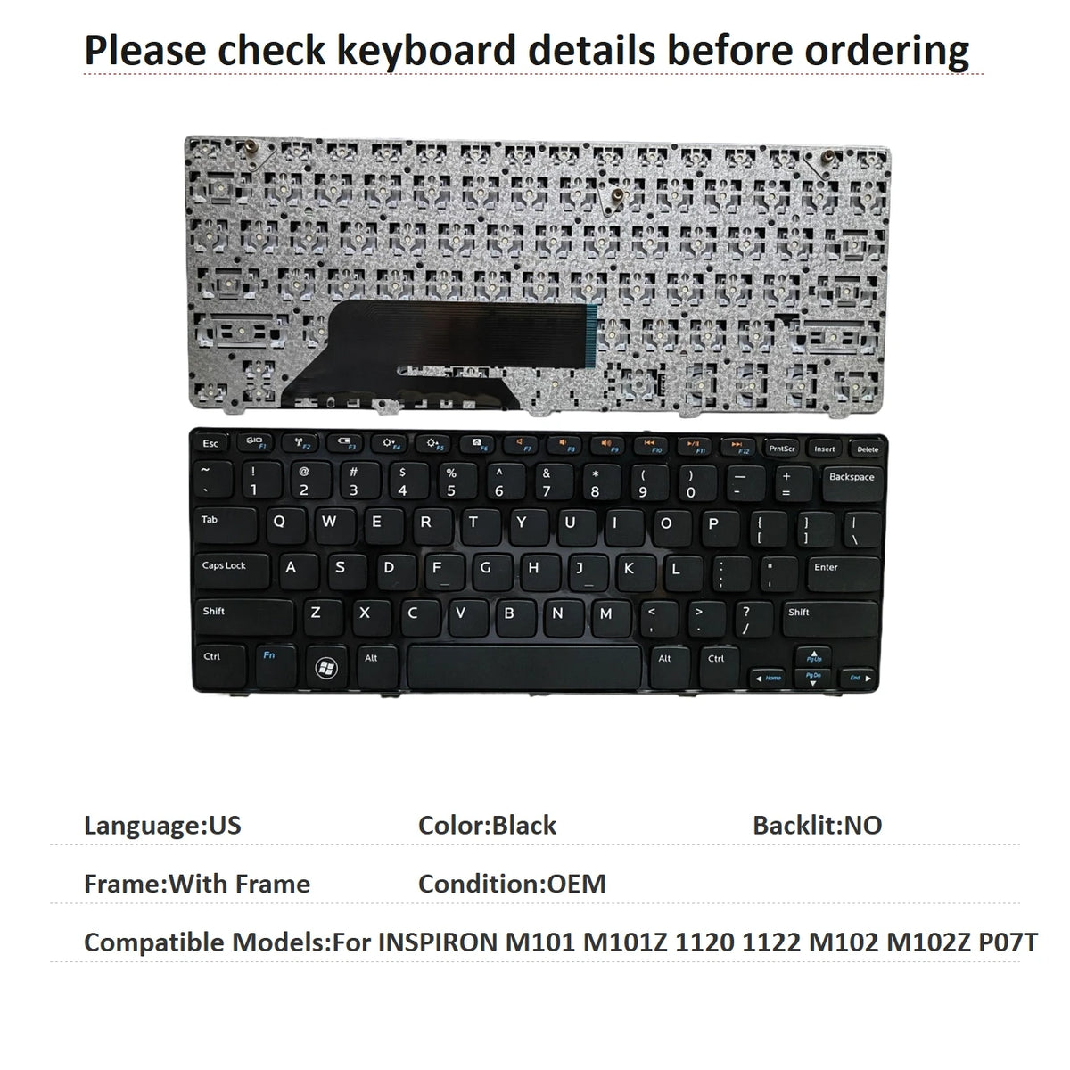 New US Language  Keyboard For Dell INSPIRON M101 M101Z 1120 1122 M102 M102Z P07T Notebook PC Replacement KeyboardDell laptop repair parts