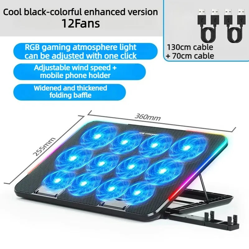 Dual USB 4000RPM 14"-17.3" 12quiet fans Ice Notebook laptop Gaming Cooling Stand Foldable Variable speed Cooler LED Light Fan