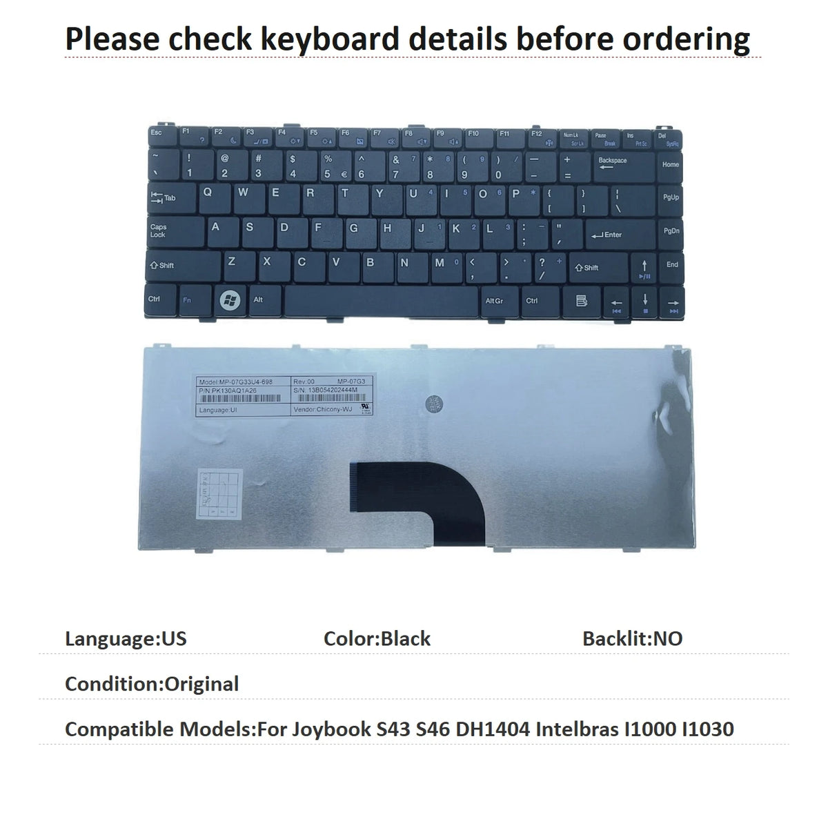 New US Language  Keyboard For BenQ Joybook S43 S46 DH1404 Intelbras I1000 I1030 Notebook PC Replacement Keyboard MP-07G3