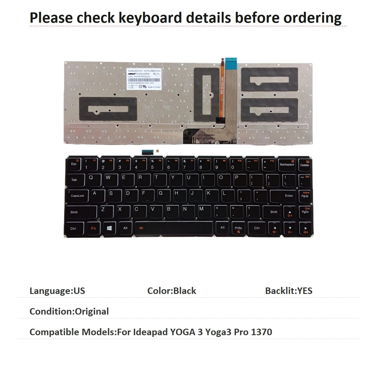New US Spanish Language  Backlit Keyboard For Lenovo Ideapad YOGA 3 Yoga3 Pro 1370 Notebook PC Replacement Keyboard Lenovo laptop repair parts
