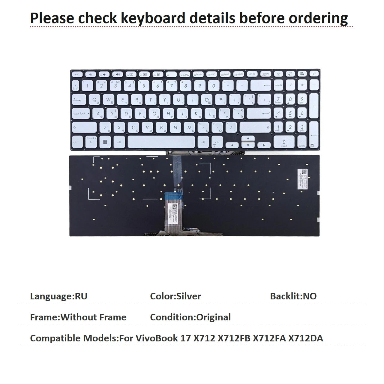 New US Russian UK Language  Backlit Keyboard For ASUS VivoBook 17 X712 X712FB X712FA X712DA Notebook PC Replacement Keyboard ASUS laptop repair parts
