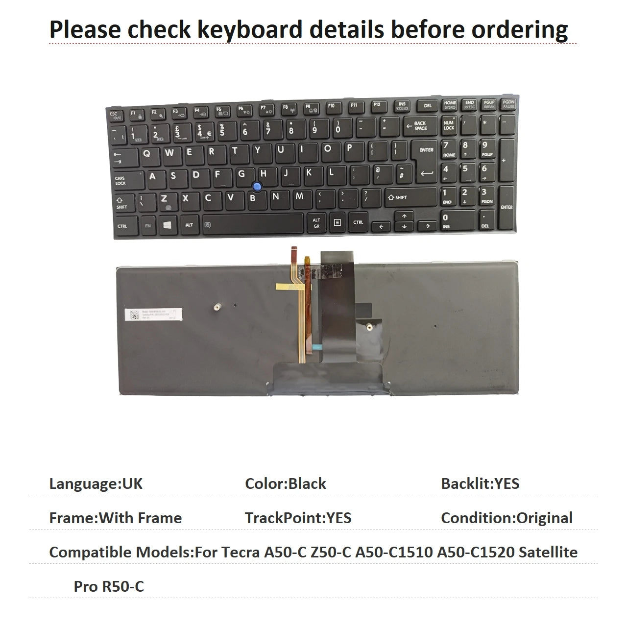New UI UK Language  Backlit Keyboard For Toshiba Tecra A50-C Z50-C A50-C1510 A50-C1520 Satellite Pro R50-C Replacement Keyboard