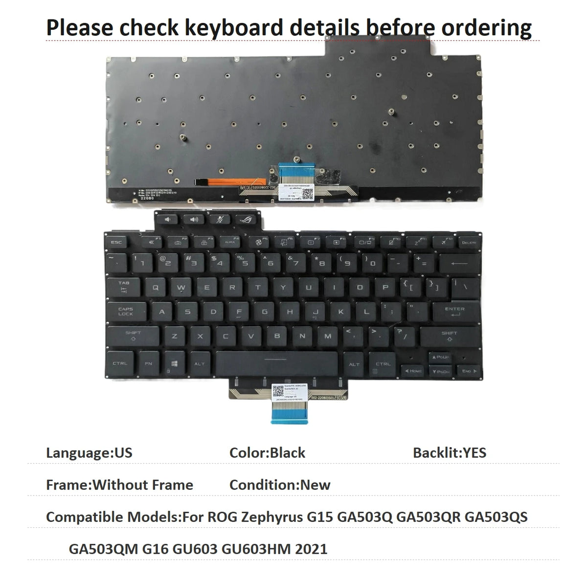 New US Language  Backlit Keyboard For ASUS ROG Zephyrus G15 GA503Q GA503QR GA503QS GA503QM G16 GU603 GU603HM 2021 ASUS laptop repair parts