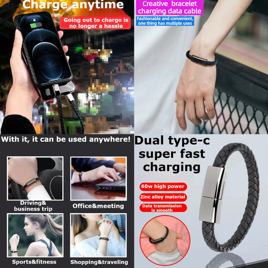 Creative wristband bracelet style Data cable 60W 100W portable dual Type-C Light-ning PD  Super fast charging charger cable