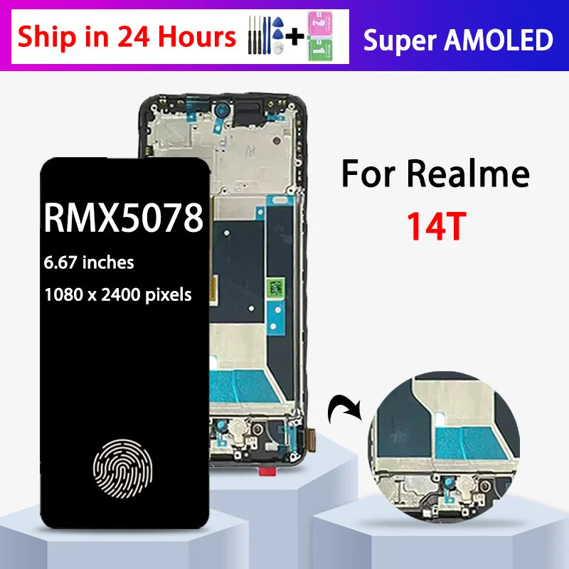 6.67"Super AMOLED For Realme14T Display With Frame For Realme 14T LCD RMX5078 Display Touch Screen Digitizer Assembly  Oppo phone repair parts
