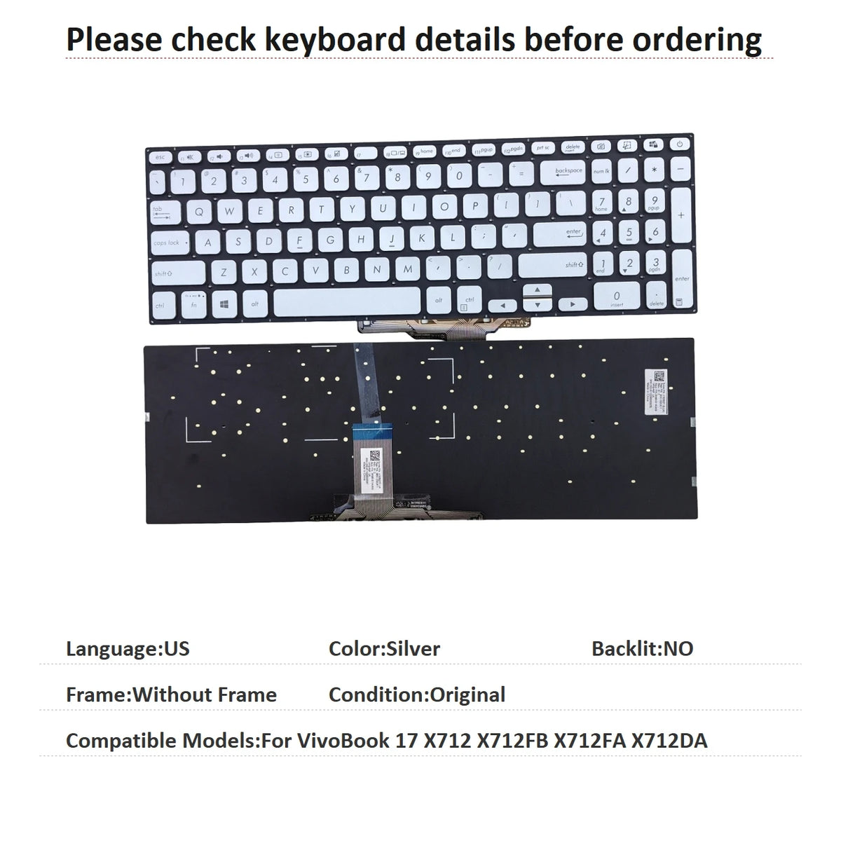 New US Russian UK Language  Backlit Keyboard For ASUS VivoBook 17 X712 X712FB X712FA X712DA Notebook PC Replacement Keyboard ASUS laptop repair parts