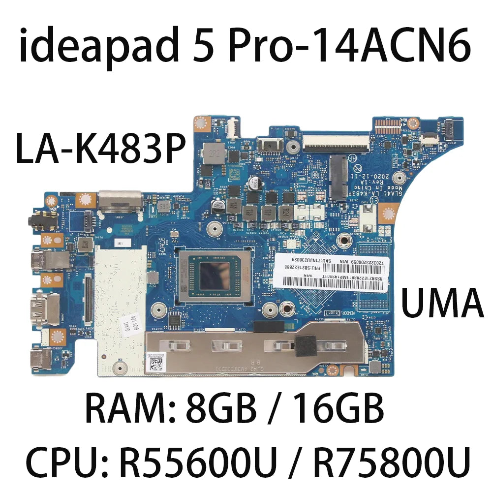 Laptop Motherboard For Lenovo ideapad 5 Pro-14ACN6 LA-K483P With CPU:R5-5600U R7-5800U RAM:8G/16G FRU:5B21E22888 5B21C21948 Lenovo laptop repair parts