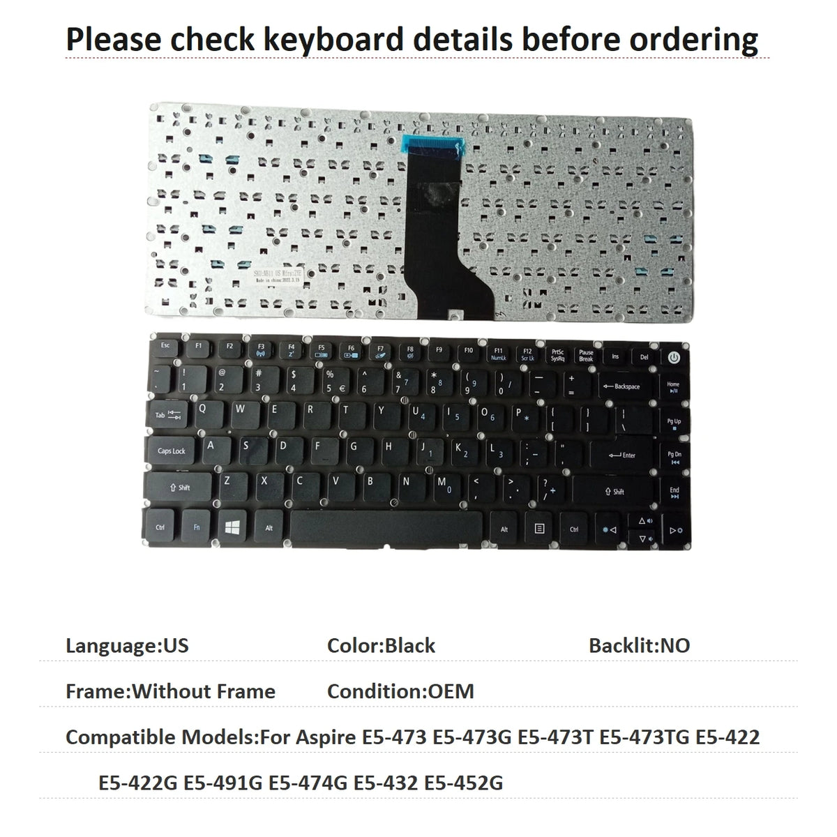 US RU SP AR BR Keyboard For Acer Aspire E5-473 E5-473G E5-473T E5-473TG E5-422 E5-422G E5-491G E5-474G E5-432 E5-452G Acer laptop repair parts