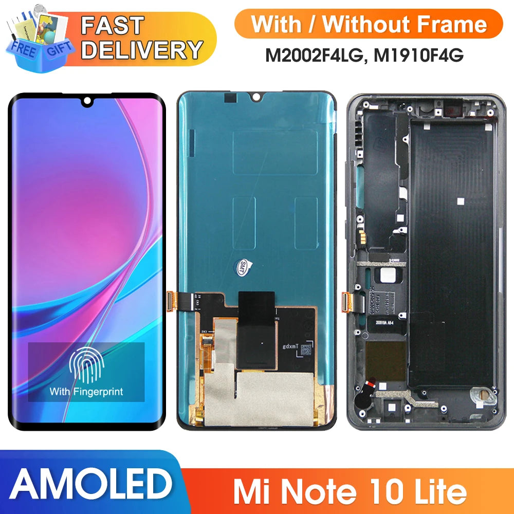 Super AMOLED for Xiaomi Mi Note 10 Lite Lcd Display Digital Touch Screen With Frame for Mi Note 10 Lite M2002F4LG M1910F4G Xiaomi phone repair parts