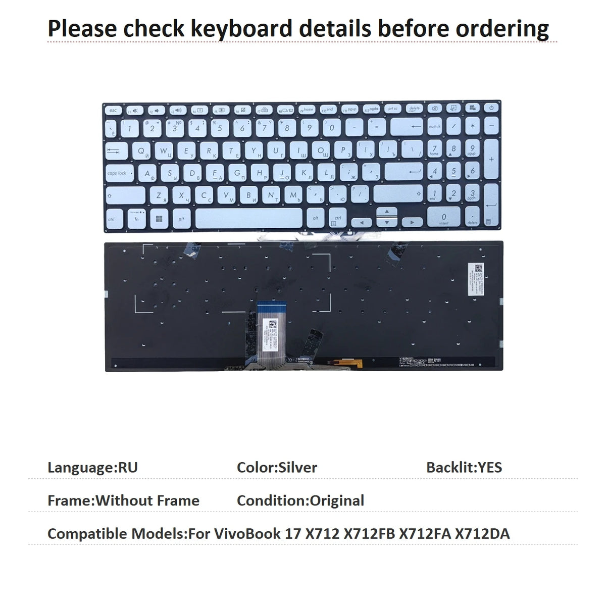 New US Russian UK Language  Backlit Keyboard For ASUS VivoBook 17 X712 X712FB X712FA X712DA Notebook PC Replacement Keyboard ASUS laptop repair parts