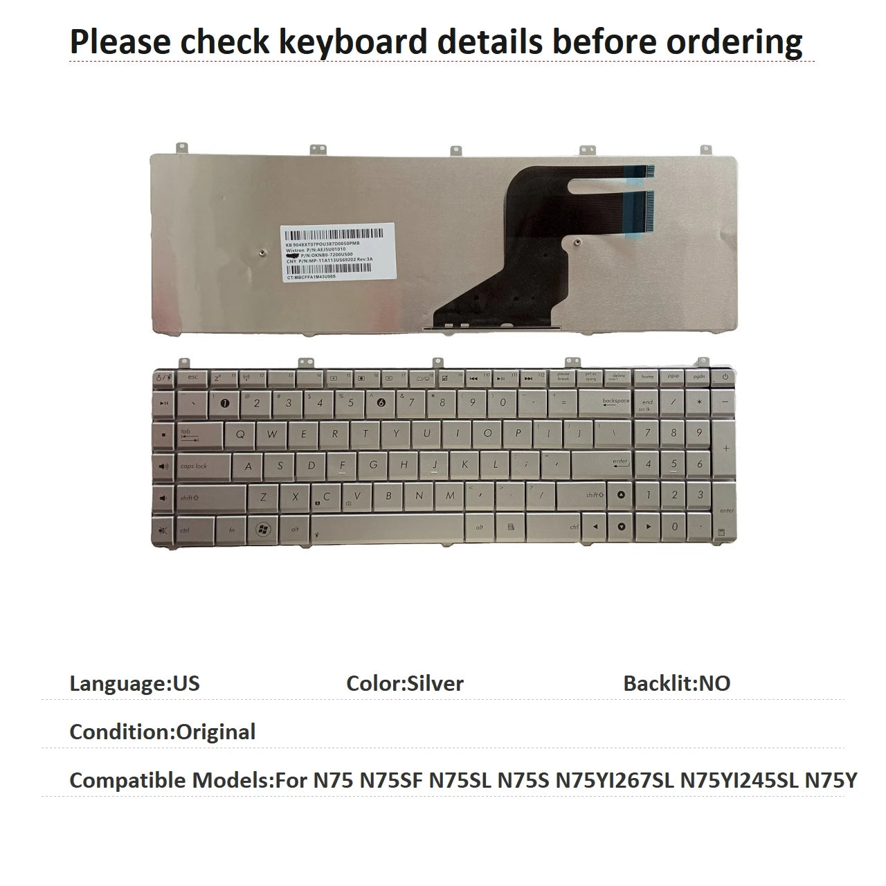 New US Russian Language  Keyboard For ASUS N75 N75SF N75SL N75S N75YI267SL N75YI245SL N75Y Notebook PC Replacement Keyboard ASUS laptop repair parts