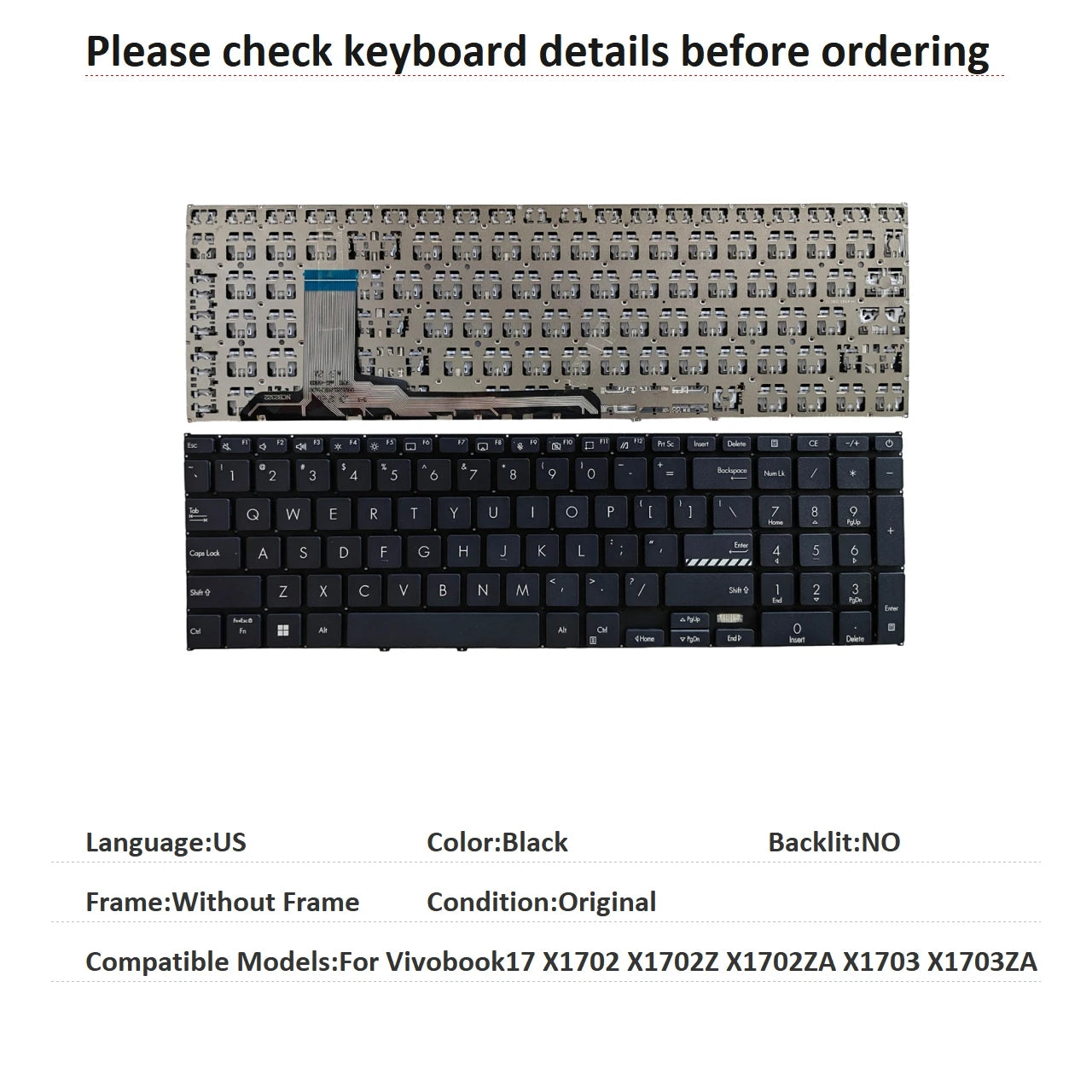 New US UK Language  Backlit Keyboard For ASUS Vivobook17 X1702 X1702Z X1702ZA X1703 X1703ZA Notebook PC Replacement Keyboard ASUS laptop repair parts