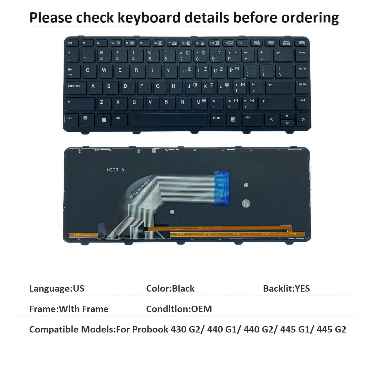 New US Russian Spanish Arab Language  Backlit Keyboard For HP Probook 430 G2/ 440 G1/ 440 G2/ 445 G1/ 445 G2  HP laptop repair parts