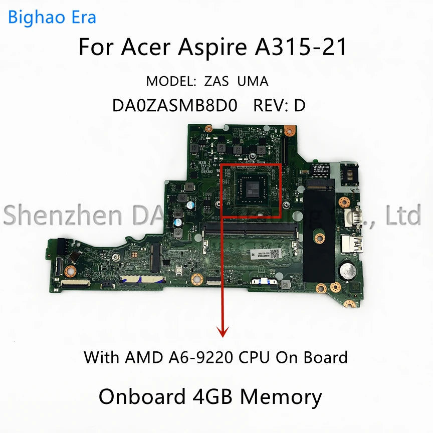 For Acer Aspire A314-21 A315-21 Laptop Motherboard DA0ZASMB8D2 DA0ZASMB8D0 With E2 A6 A9-9420 CPU 4G-RAM NBGNV1100Y NBGNV1100W Acer laptop repair parts
