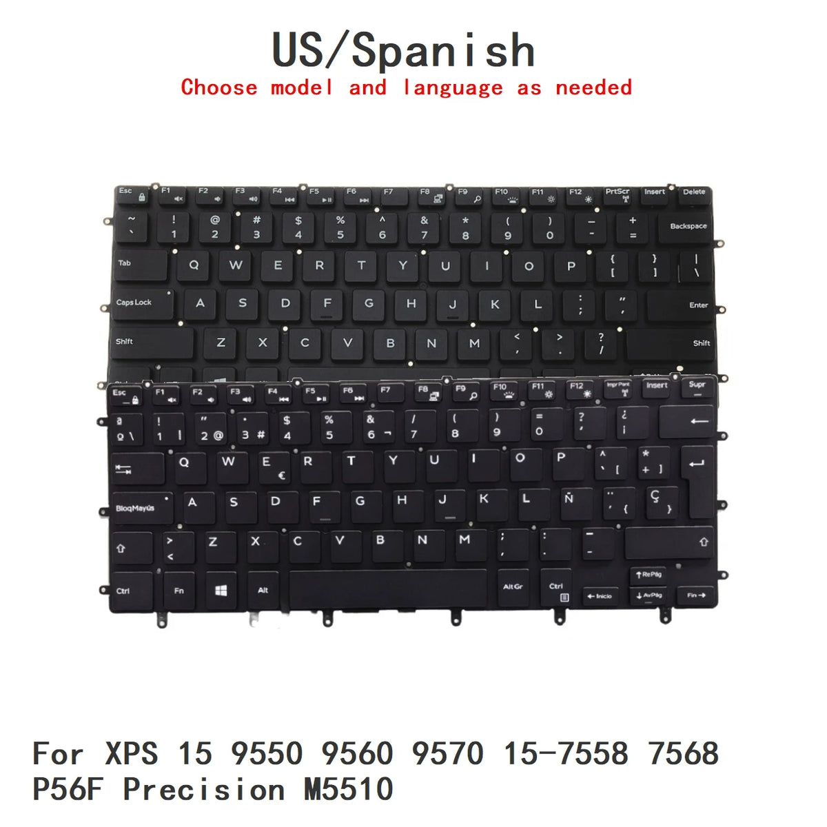 New US Spanish Language  Backlit Keyboard For Dell XPS 15 9550 9560 9570 15-7558 7568 P56F Precision M5510 Replacement KeyboardDell laptop repair parts