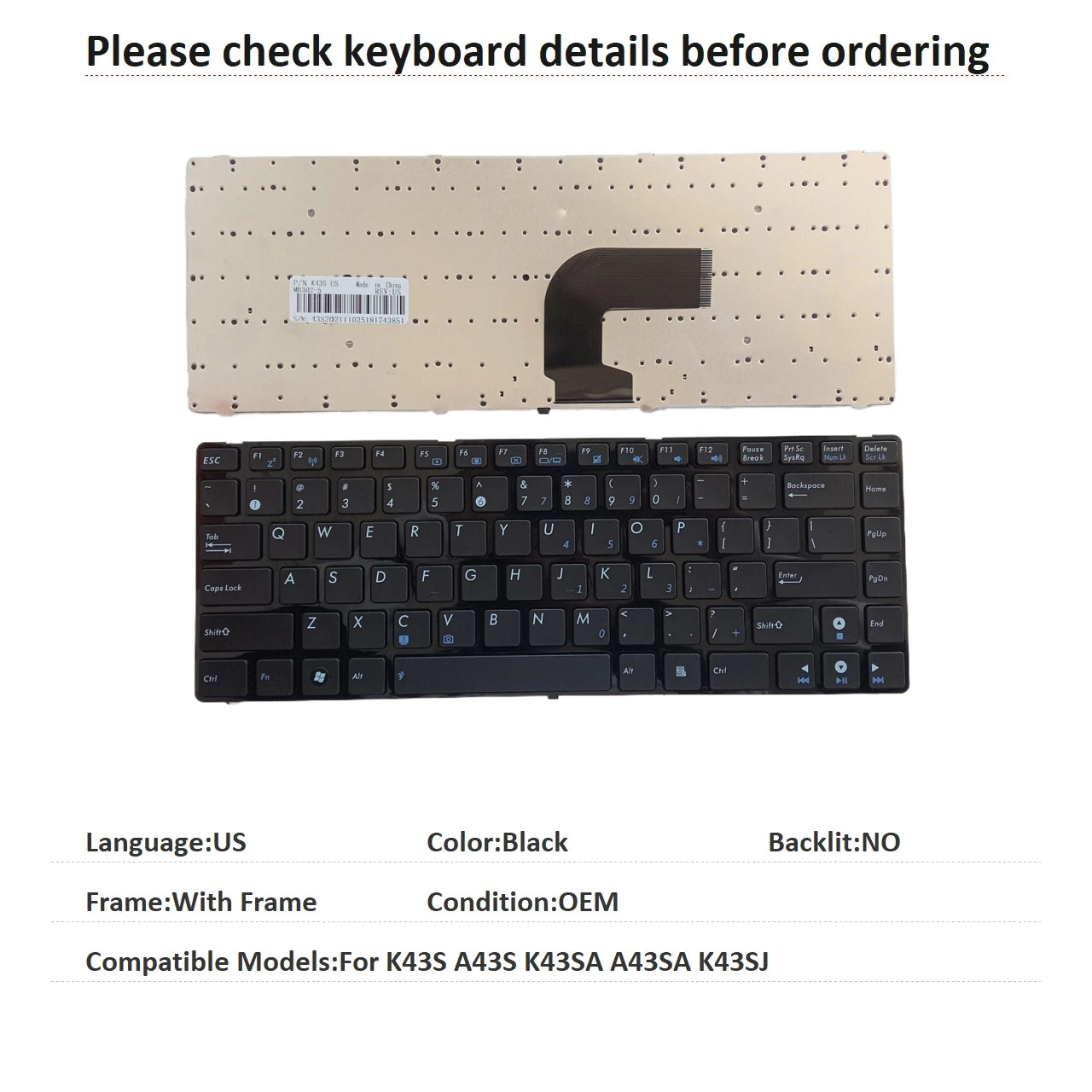 New US Language  Keyboard For ASUS K43S A43S K43SA A43SA K43SJ Notebook PC Replacement Keyboard ASUS laptop repair parts