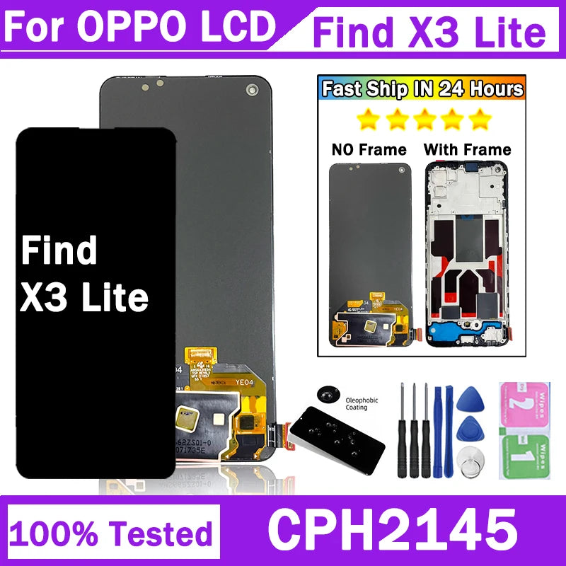 6.43" New AMOLED For Oppo Find X3 Lite LCD Display Screen Frame+Touch Panel Digitizer For Find X3Lite Display CPH2145 Frame Oppo phone repair parts Realme phone repair parts