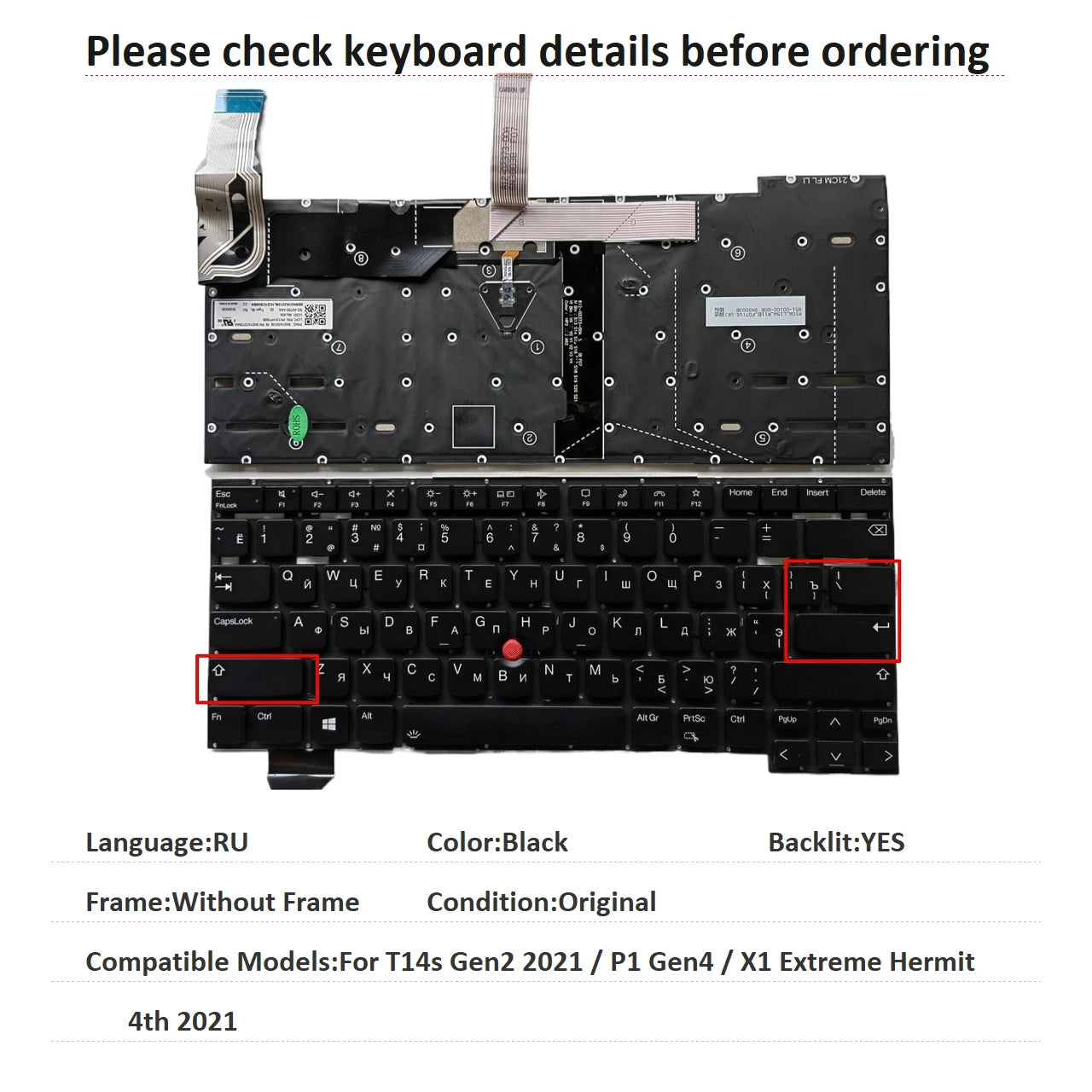 New US Russian Spanish Language  Backlit Keyboard For Lenovo Thinkpad T14s Gen2 2021 / P1 Gen4 / X1 Extreme Hermit 4th 2021 (Is Lenovo laptop repair parts