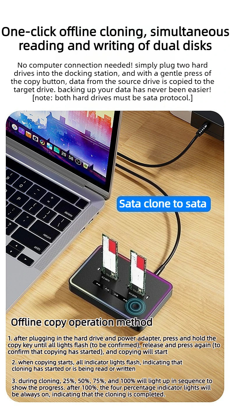 Dual Protocol m.2 ssd case Ssd Docking Station Type C USB 20Gbps offline clone  for PCIe NVME SATA 2 dual bay SSD enclosure Laptop Accessories