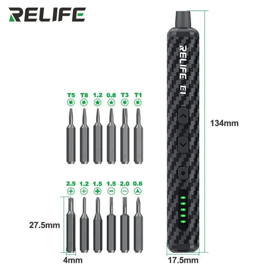 RELIFE E1 Carbon Fiber Electric Torque Screwdriver Set 12 Bits 4LED Shadowless Lights for Mobile Phone Screw Disassembly Repair Professional Repair Tools