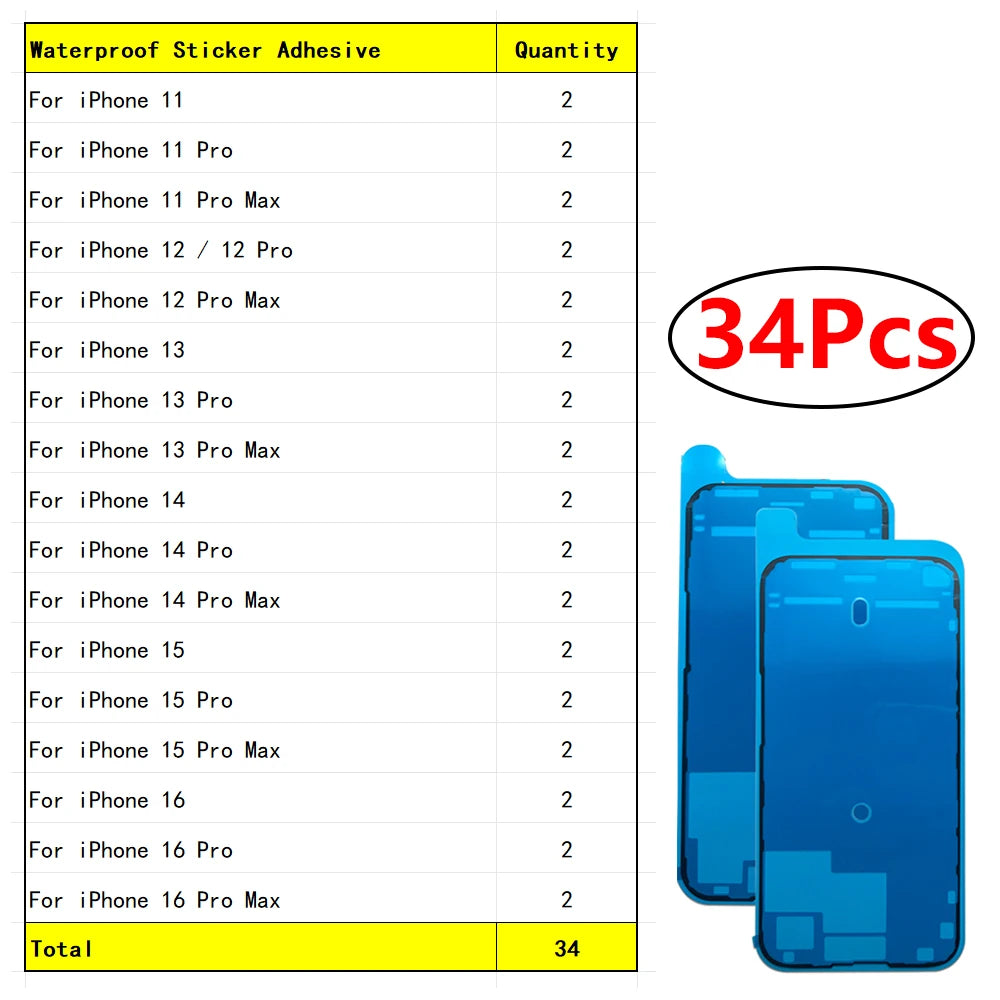 34Pcs, Waterproof Sticker For iPhone 11 12 13 14 15 16 Pro Max Mini Plus LCD Screen Adhesive Frame Seal Tape iPhone phone repair parts