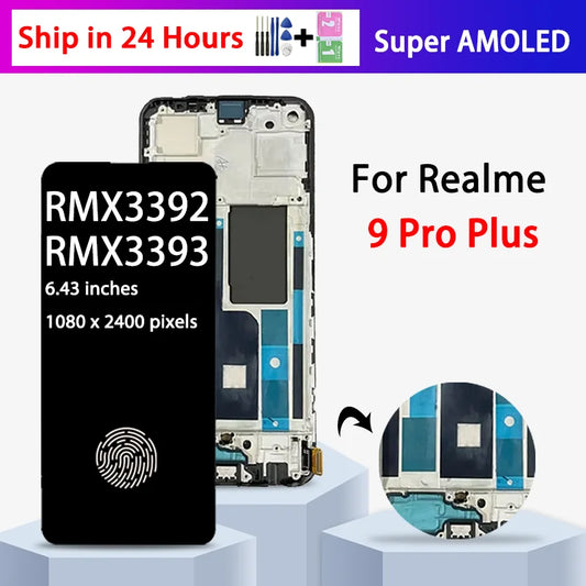 6.4“Super AMOLED For Realme 9 Pro+ RMX3392 LCD Display Touch Screen Digiziter For Realme 9 Pro Plus RMX3393 Display Frame  Oppo phone repair parts