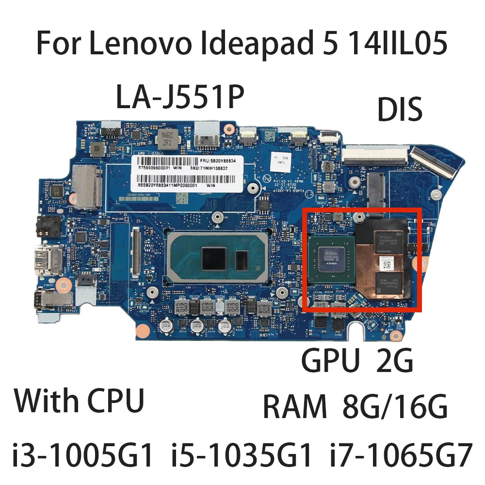 Laptop Motherboard For Lenovo Ideapad 5-14IIL05 LA-J551P With CPU i3-1005G1 i5-1035G1 i7-1065G7 RAM 8G/16G GPU V2G  5B20Y89037 Lenovo laptop repair parts