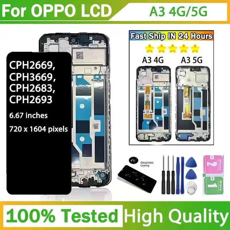 6.67”OEM For Oppo A3 4G/5G LCD Display Touch Screen Digitizer Assembly CPH2669 CPH3669 CPH2683 CPH2693 Display Frame Oppo phone repair parts Realme phone repair parts
