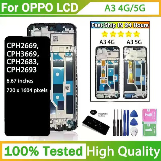 6.67”OEM For Oppo A3 4G/5G LCD Display Touch Screen Digitizer Assembly CPH2669 CPH3669 CPH2683 CPH2693 Display Frame Oppo phone repair parts Realme phone repair parts