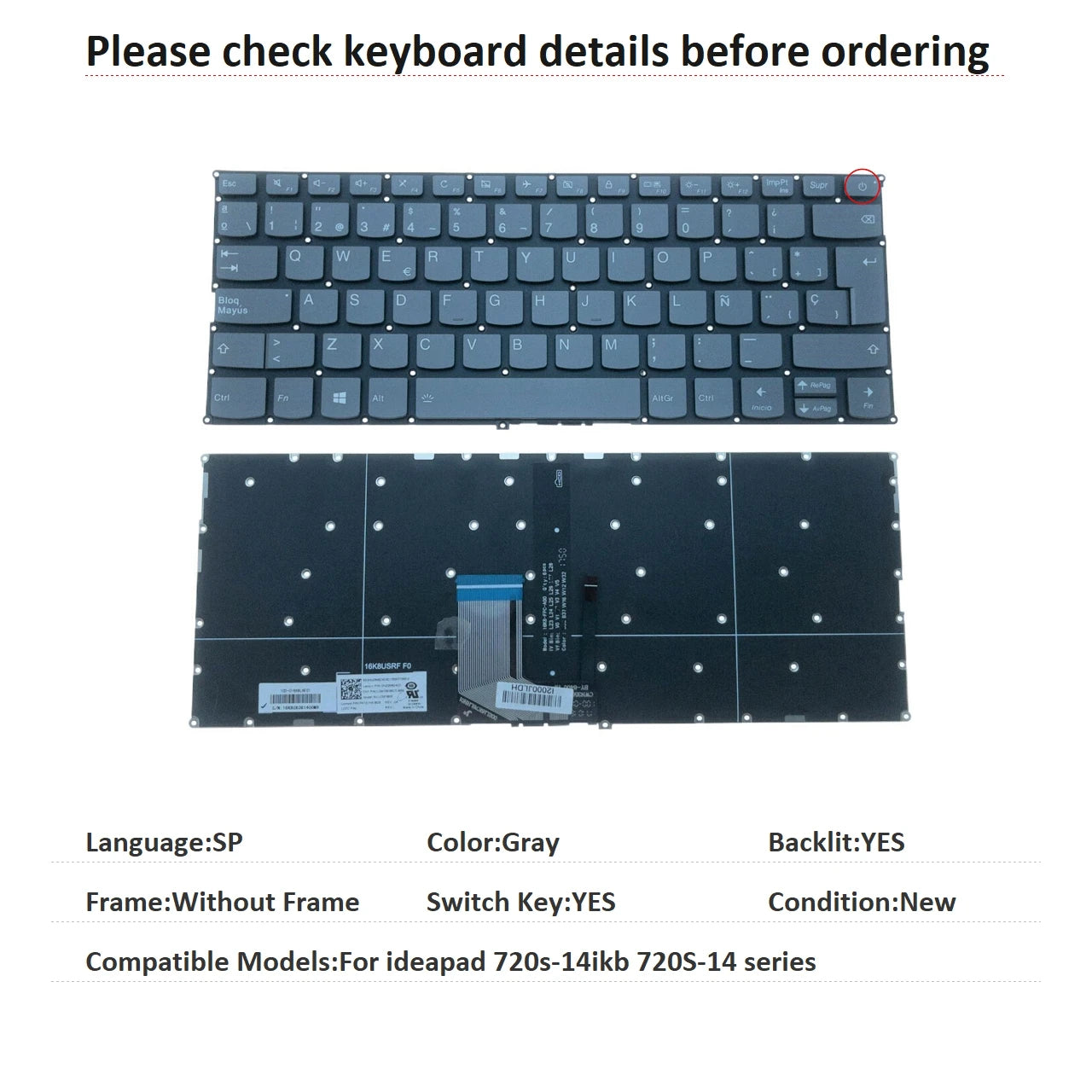 New US Spanish Language  Backlit Keyboard For Lenovo ideapad 720s-14ikb 720S-14 series Replacement Keyboard LCM16K8 SN20M62403 Lenovo laptop repair parts