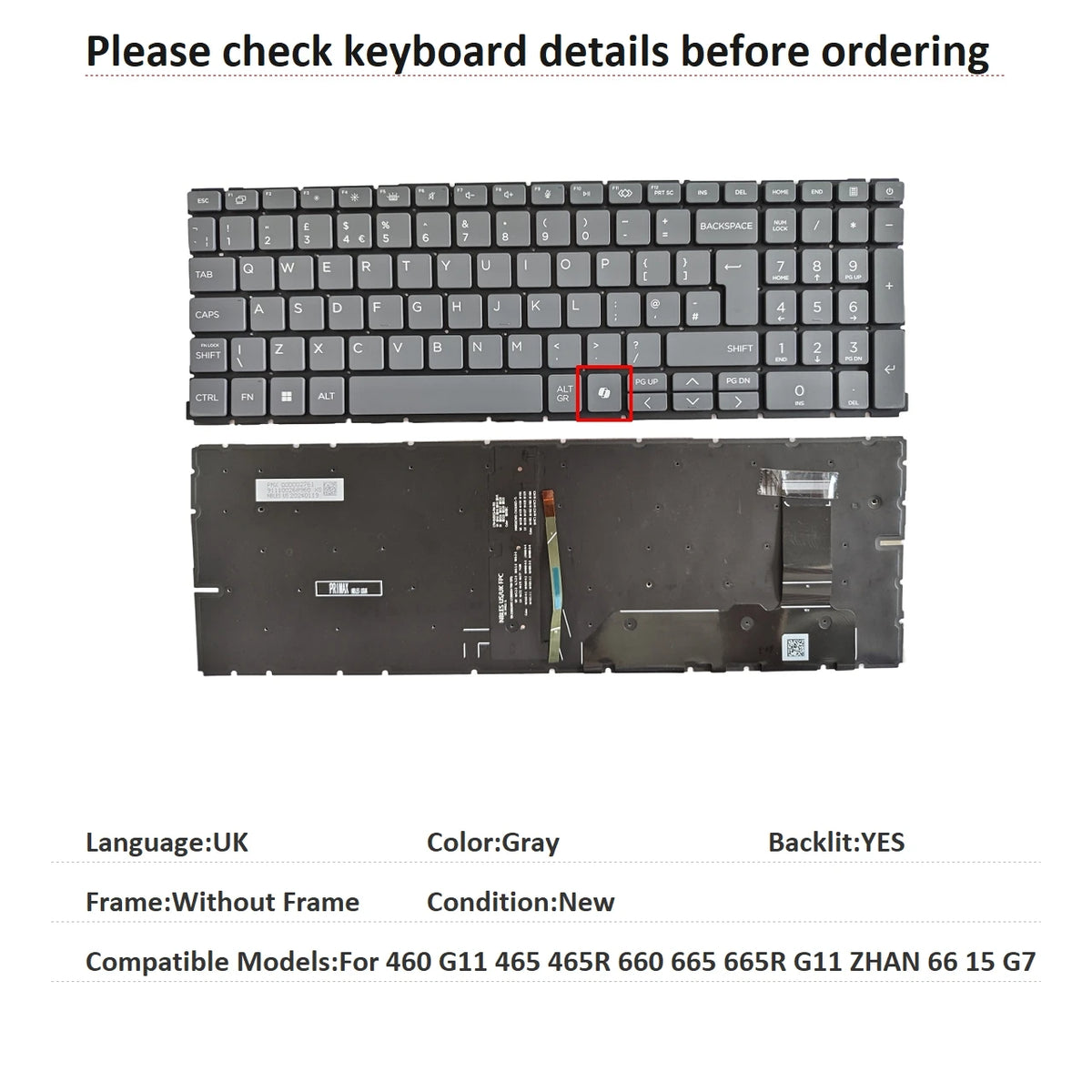 New US Spanish Latin UK Language  Backlit Keyboard For HP 460 G11 465 465R 660 665 665R G11 ZHAN 66 15 G7 Replacement Keyboard  HP laptop repair parts