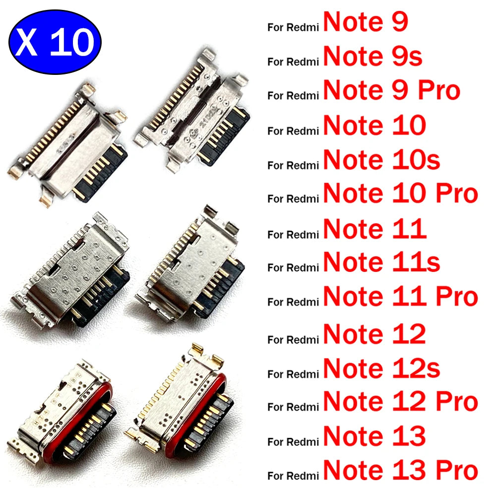 10Pcs, USB Jack Charging Socket Charger Port Dock Connector For Xiaomi Redmi Note 9 9s 10 10s 11 11s 12 12s 13 Pro Plus 4G 5G Xiaomi  Xiao mi phone repair parts