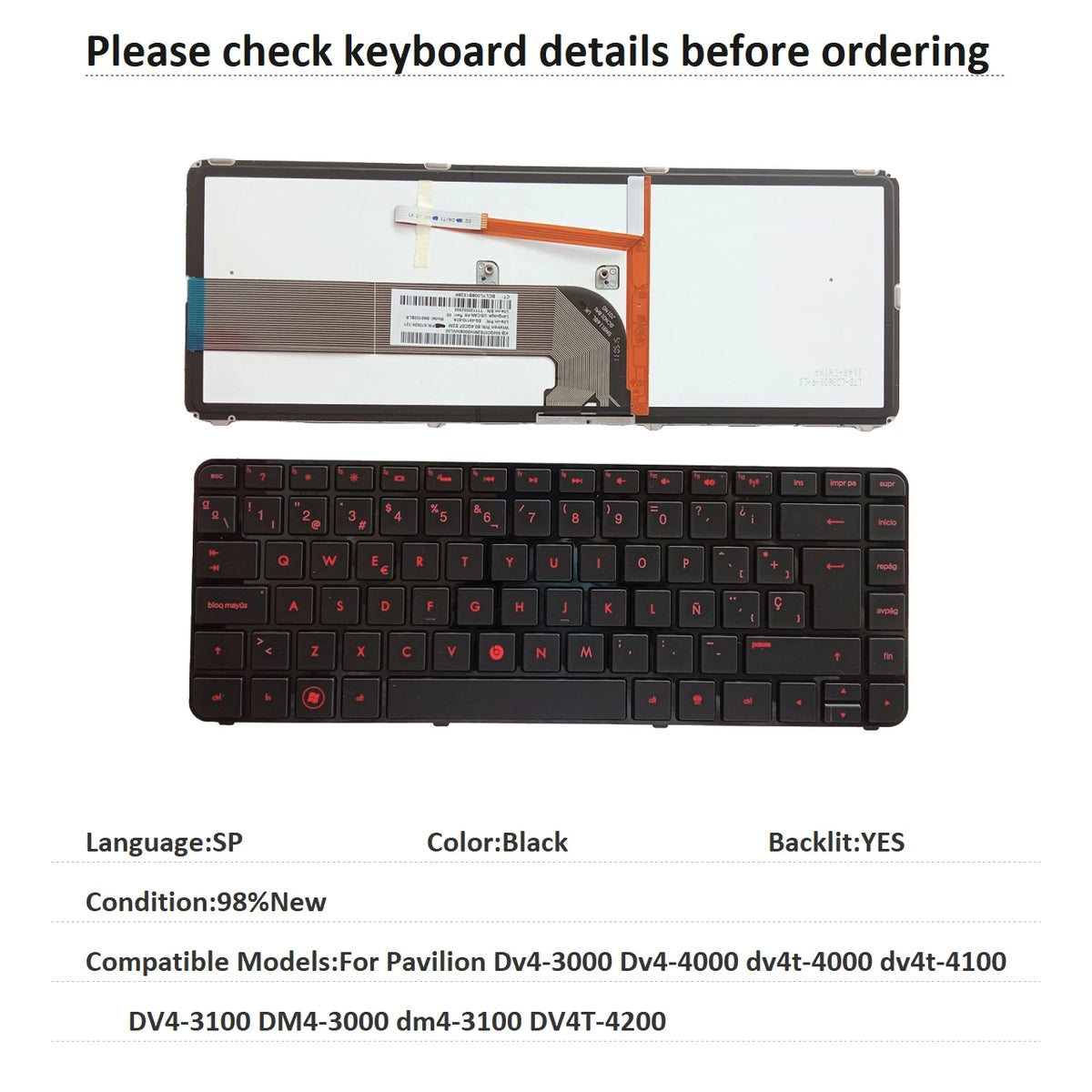 New US Spanish Backlit Keyboard For HP Pavilion Dv4-3000 Dv4-4000 dv4t-4000 dv4t-4100 DV4-3100 DM4-3000 dm4-3100 DV4T-4200 HP laptop repair parts