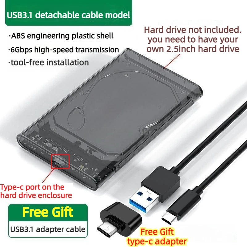 USB3.0 3.1 HDD Enclosure 2.5inch SATA SSD Hard Drive Case with 6Gbps Transfer Speed Mobile External Housing Harddisk Box typec Laptop Accessories
