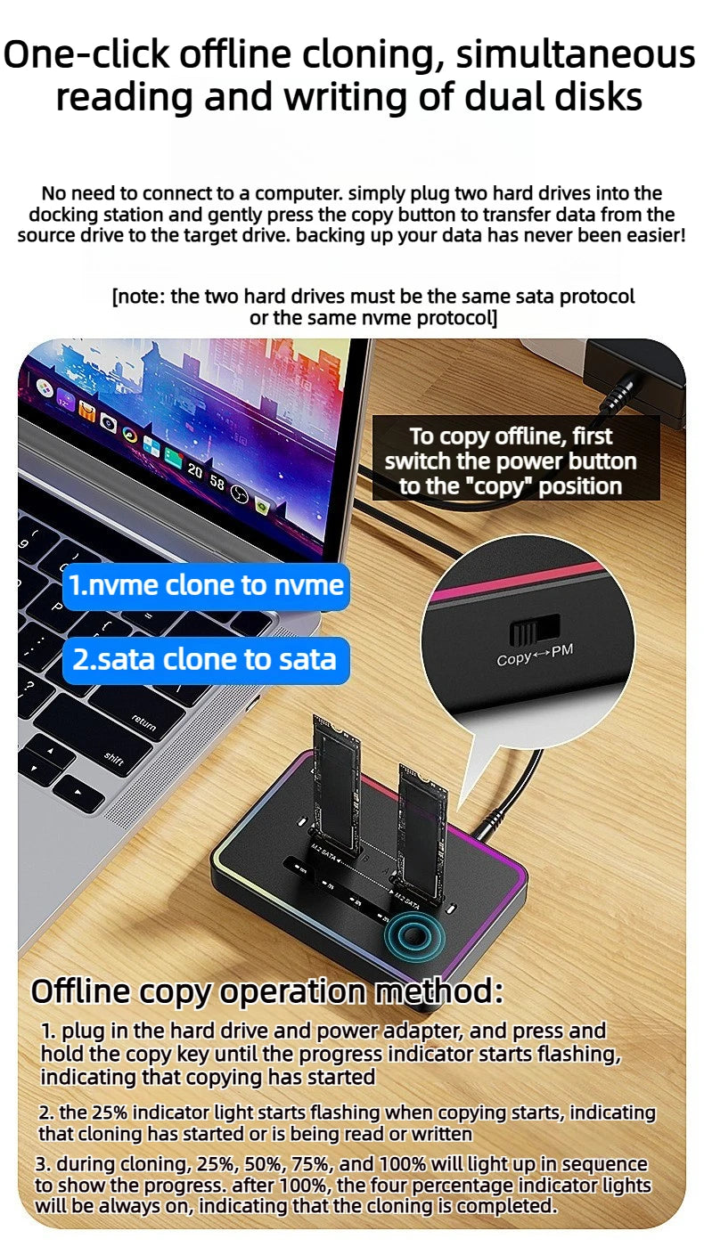 Dual Protocol m.2 ssd case Ssd Docking Station Type C USB 20Gbps offline clone  for PCIe NVME SATA 2 dual bay SSD enclosure Laptop Accessories