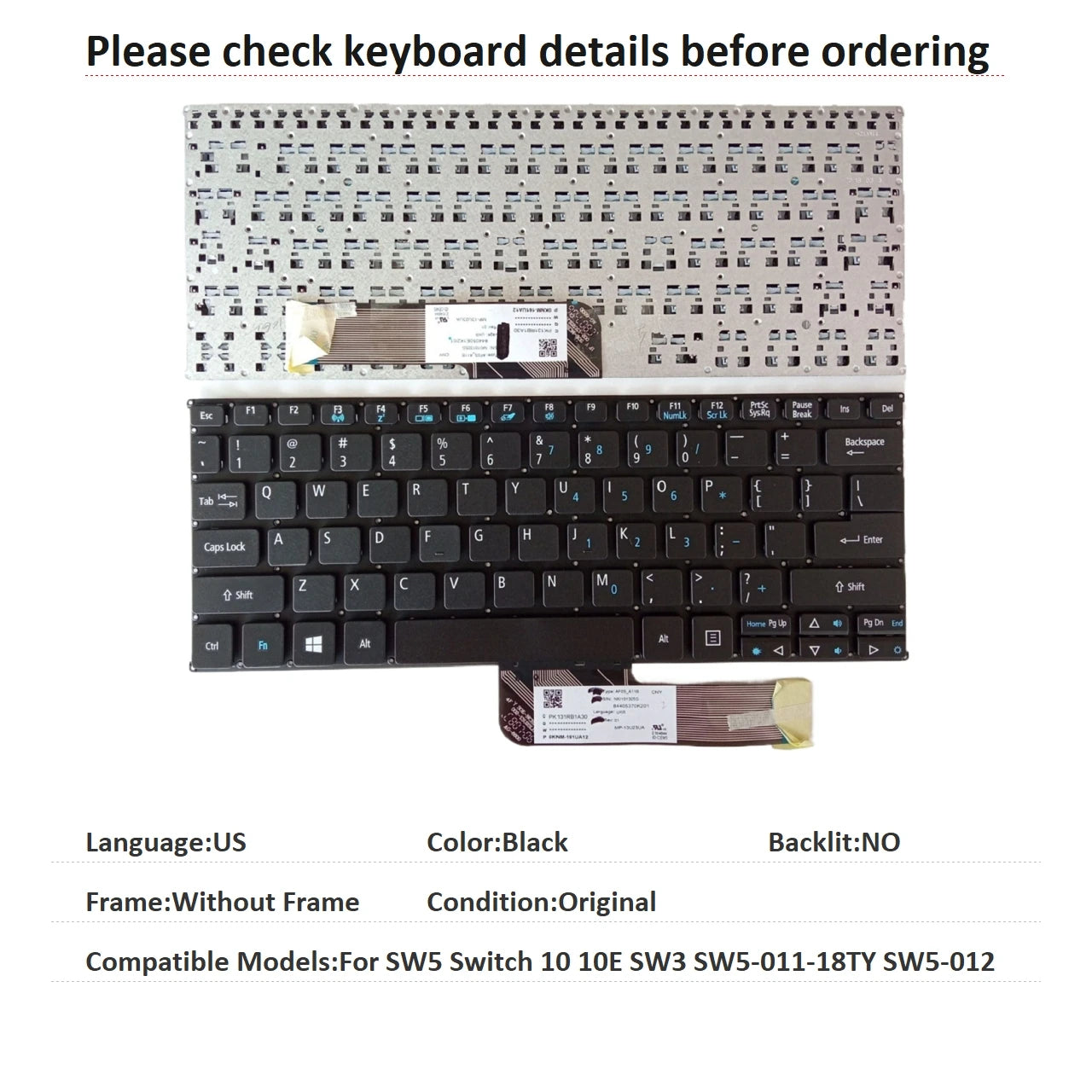 New US Spanish Language  Keyboard For Acer SW5 Switch 10 10E SW3 SW5-011-18TY SW5-012 Notebook PC Replacement Keyboard  ACER laptop repair parts