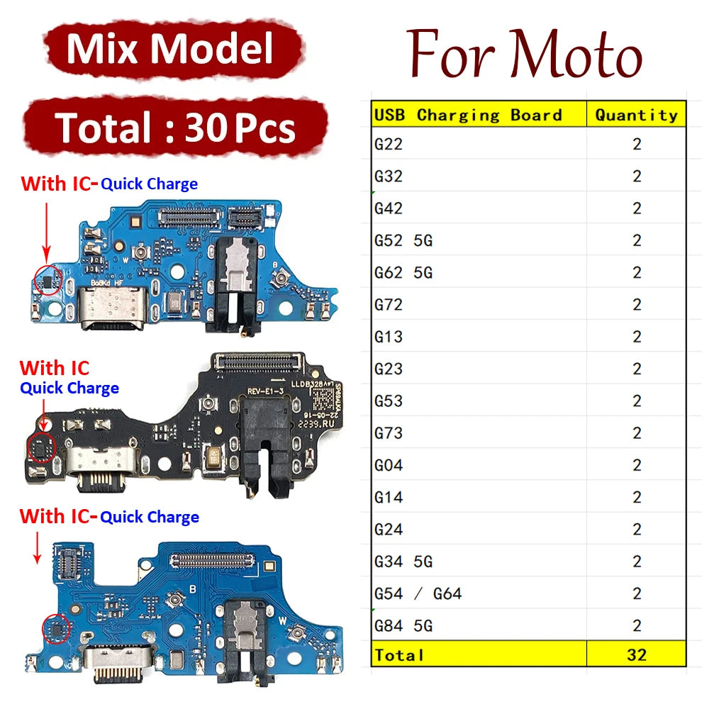 32Pcs, USB Charge Port Connector Charging Board Flex Cable For Moto G22 G32 G42 G52 G62 G72 G13 G23 G53 G73 G04 G14 G24 G34 5G Motorola phone repair parts